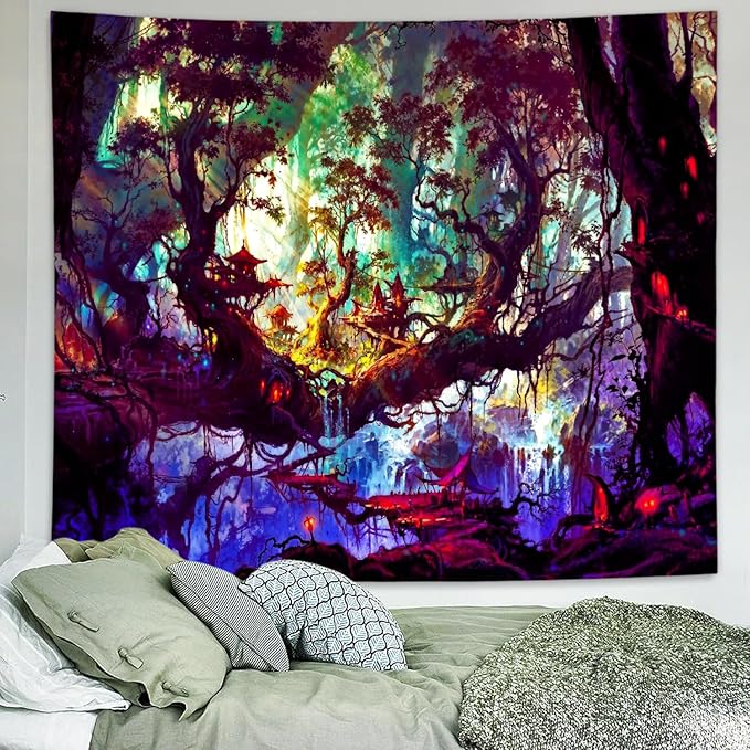 Delur Fantasy Forest Tapestry Mystical Landscape Magical Enchanted Forest Tree Nature Tapestry Psychedelic Wall Hanging Headboard for Bedroom Living Room Home Decor (59.1" x 78.7")