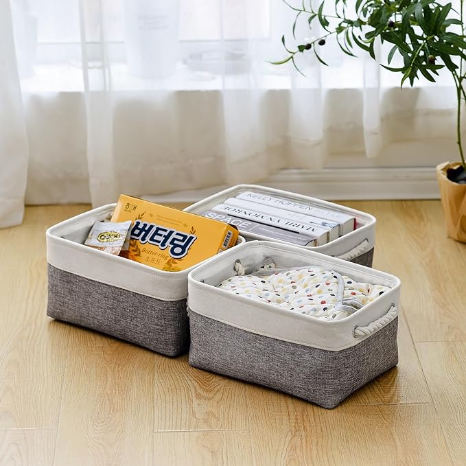 TheWarmHome Storage Bins for Shelves - 13.8L×9.8W×6.7H inch 3 Pack Medium Collapsible Storage Baskets for Organizing | Fabric Storage Cubes for Linen Closet Toy Home (White&Grey)