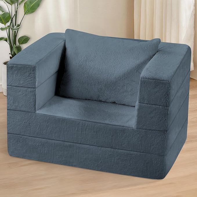 Folding Bean Bag Chair for Adults,3-in-1 Bean Bag Couch Faux Fur Floor Sofa Large Beanbag Convertible Bean Bag Sofa Bed with Pillow in Bedroom,Living Room,Apartment(Twin,Gray)