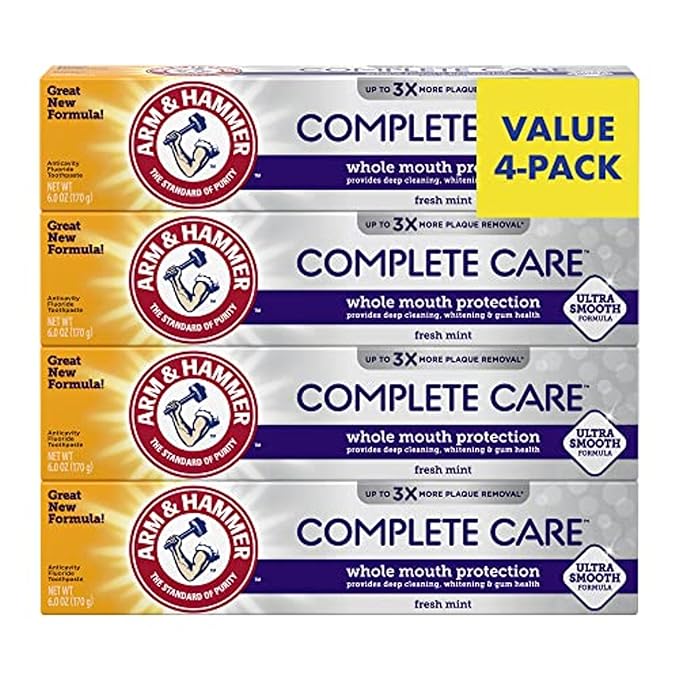 ARM & HAMMER Complete Care Toothpaste, Teeth Whitening Toothpaste with Baking Soda, Fluoride, Whole Mouth Protection, Fresh Mint Flavor, 6.0 oz (Pack of 4)