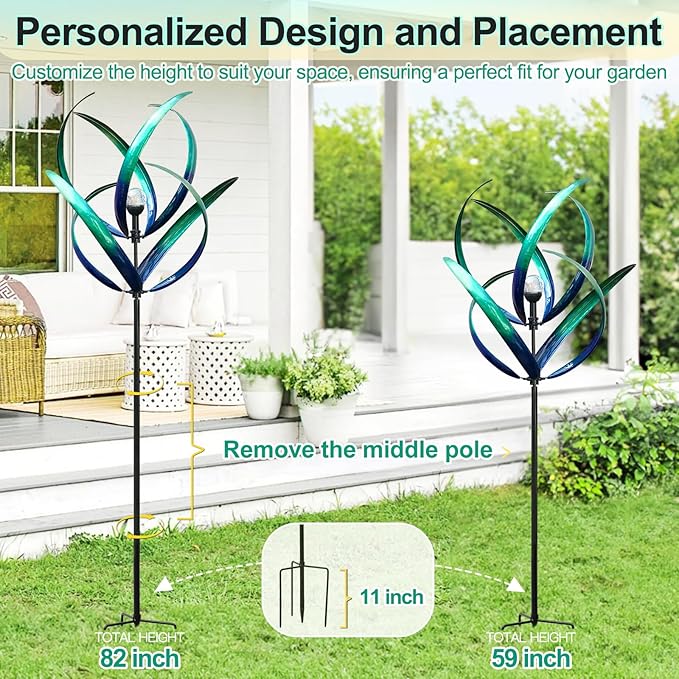 Outdoor Wind Spinners with Solar Light, 82'' Metal Large Spinner Yard Art, Peacock Blue Wind Sculptures for Garden Lawn Patio, Gifts for Family