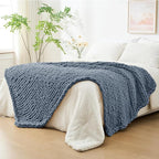 Bigacogo Chunky Knit Throw Blanket for Couch, 40x80 inches, 100% Hand Knitted with Thick Jumbo Chenille Yarn, Cozy Soft Large Rope Knot Cable Crochet Blankets for Sofa Bed Living Room, Cold Sea Blue