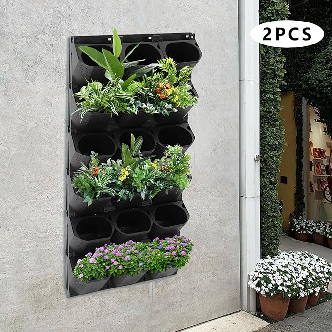 12Pieces 3-Pot Wall Planter Vertical Garden Plant Walls Wall Mounted Vertical Planter with Water-Storage Layer Stackable Wall-Mounted Flower Pot for Gardens, Balconies 180.78lbs Total Capacity (Black)