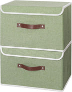 ANMINY 2PCS Storage Bins with Lid PU Leather Handles Storage Boxes PP Plastic Board Decorative Foldable Lidded Cotton Linen Fabric Home Cubes Baskets Closet Organizer Containers - Green, Large Size