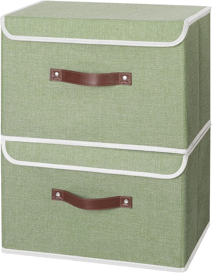ANMINY 2PCS Storage Bins with Lid PU Leather Handles Storage Boxes PP Plastic Board Decorative Foldable Lidded Cotton Linen Fabric Home Cubes Baskets Closet Organizer Containers - Green, Large Size