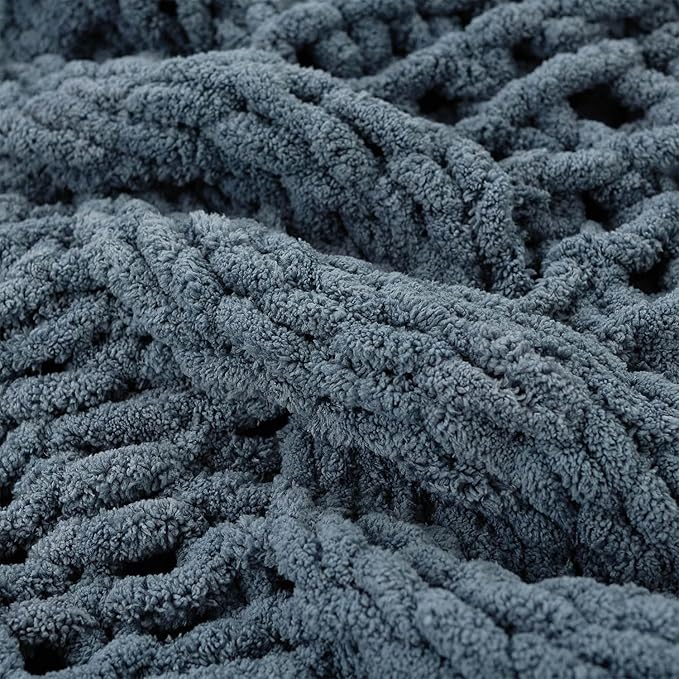 Esterra Chunky Knit Blanket Throw 50"x60", 100% Hand Knitted Chenille Throw Blanket, Cozy Soft Thick Cable Knit Throw Large Rope Knot Crochet Throw Blanket for Sofa Couch Bed, Blue Mirage