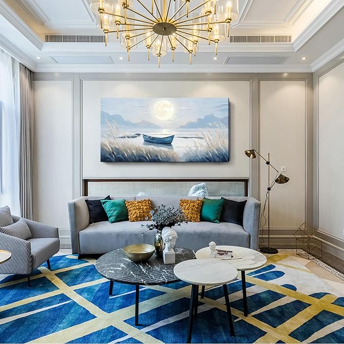 Oversized Large Living Room Wall Art, Blue Wall Decor for Bedroom, Modern Nautical Ocean Beach Seascape Nature Picture Sailboat Moon Lake Mountain Canvas Print Relaxing Serene Coastal Rustic Artwork