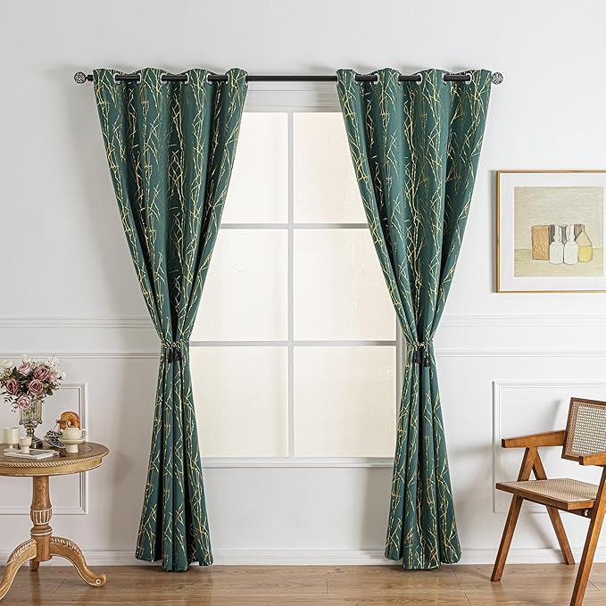 Grommets Blackout Long Window Curtains Green Gold-52W*84L 2PCS Drapes for Bedroom