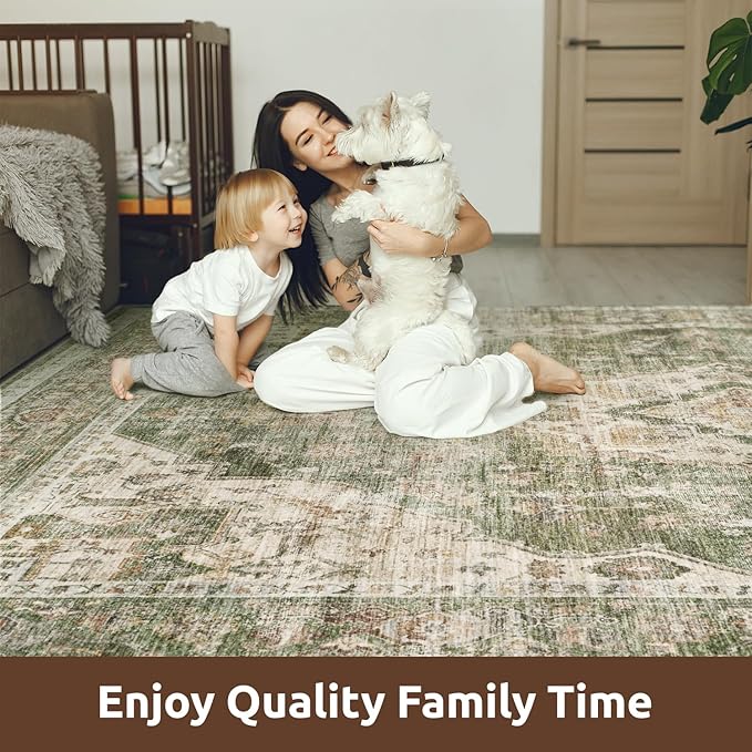 AMOAMI-Area Rug 5X7 Rugs for Living Room-Vintage Soft Green Rugs for Bedroom-Non Slip Carpet-Machine Washable Rug for Dining Room Living Room Bedroom Office Under Table