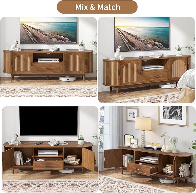 70" Fluted TV Stand for Tvs up to 80", Mid-Century Modern Entertainment Center with Drawers and Fluted Doors, Curved TV Media Console Table with Sliding Doors for Living Room, Bedroom (70")