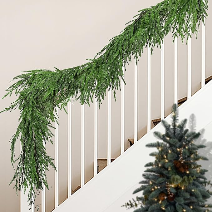Watayo 4 Pcs Christmas Norfolk Pine Garland, 6 Ft Dense Real Touch Pine Garland Ornament, Realistic Artificial Pines Greenery Garlands for Mantle, Table, Fireplace, Indoor, Outdoor Xmas Decoration