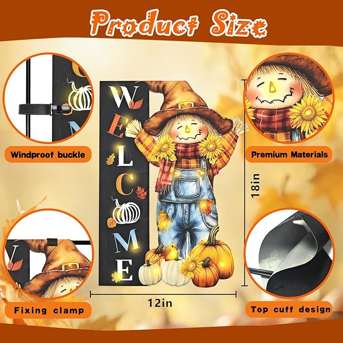 Thanksgiving Lighted Garden Flag, Solar Fall Outdoor Decor Yard Flag,8 Modes Led Scarecrow Flag,28x40 Double Sided Maple Leaf Pumpkin Bird Decorations for Home Porch