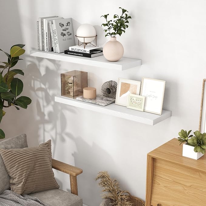 40 Inch Floating Shelves White, 40" W x 9" D Floating Shelf Set of 2, Farmhouse Wood Wall Shelves for Bedroom, Kitchen, Wall Mounted Deep Shelving for Home Decor