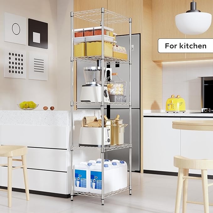 5 Tiers Shelf Metal Storage Shelves Wire Rack Closet Organizers with Wheel for Garage Kitchen Bathroom Laundry Chrome 11.8" D x 17.7" W x 55" H