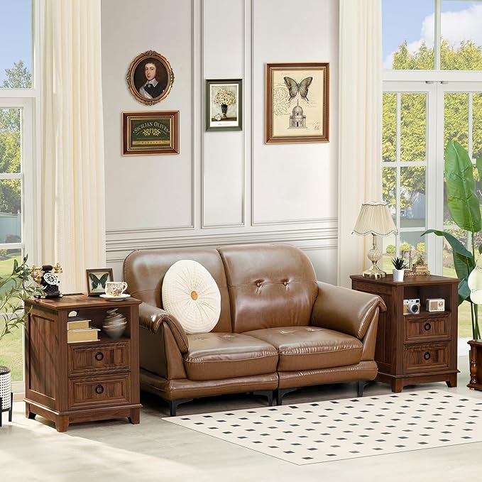 18" Farmhouse Night Stands Set of 2 with Charging Station, 2 Drawers End Table Dresser for Bedroom, Brown Wooden Nightstand, Bed Side Table with Open Shelf, Bedside Cabinet for Living Room