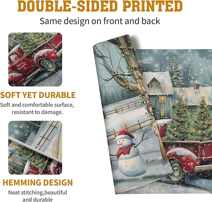 Red Truck Xmas Tree Snowman Christmas Placemats Set of 4 Winter Snowflake Vintage Farmhouse Rustic Place Mats 12x18 Inch Seasonal Christmas Holiday Washable Table Mats for Party Kitchen Dining Decor