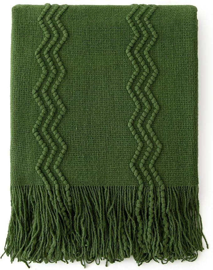 MIULEE Olive Green Knitted Throw Blanket for Couch Boho Textured Cozy Woven Blanket with Tassels for Sofa Chair Bed Living Room Spring Acrylic Wave Pattern 50"x60"