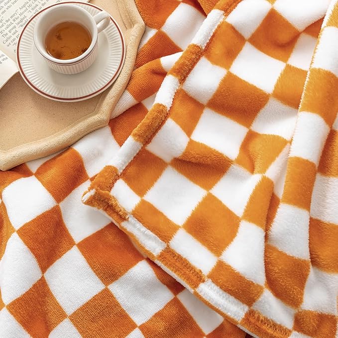 LOMAO Throw Blankets Flannel Blanket with Checkerboard Grid Pattern Soft Throw Blanket for Couch, Bed, Sofa Luxurious Warm and Cozy for All Seasons (Orange, 90"x110")