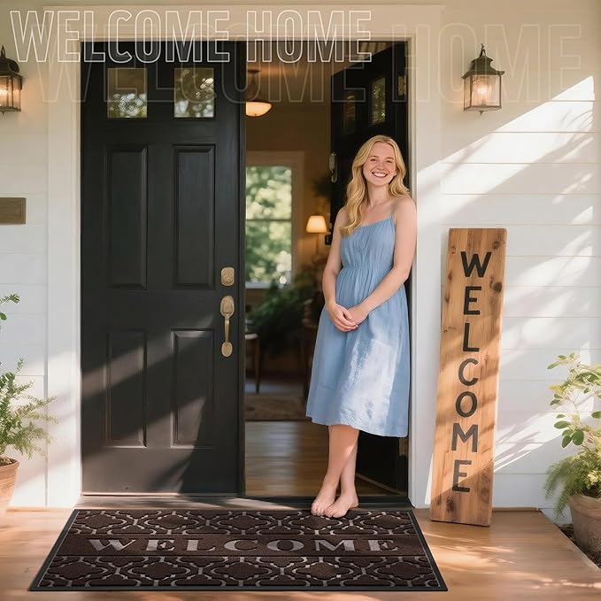 Yimobra Welcome Mat Outdoor Indoor, All-Season Waterproof Front Door Mat Outside Entrance, All-Weather Heavy Duty Non-Slip Doormat, Low Profile Porch Patio Entrance Mats, 60x36, Brown
