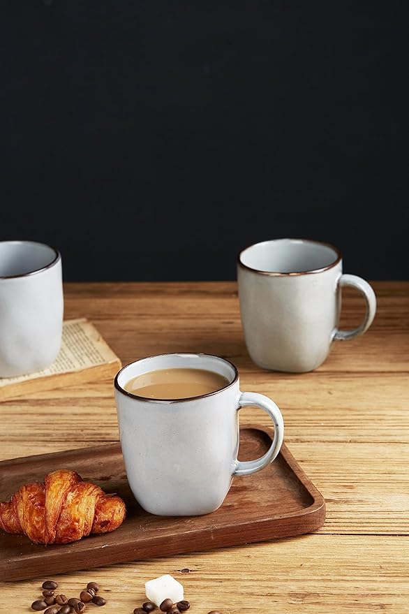 famiware Coffee Mugs Set of 4, Ocean Square 13oz Coffee Cup Set with Handle for Cocoa, Milk, Hot Chocolate, Tea, Water, Stoneware Cups for Kitchen, Microwave and Dishwasher Safe, Grey