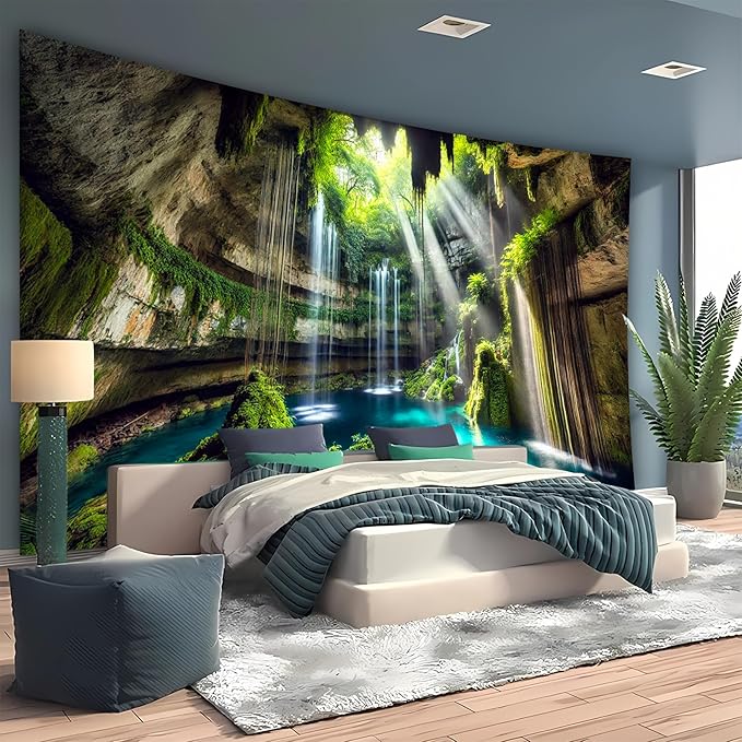 BSFHH Nature Tapestry Forest Tree Sea Cave Wall Hanging, Stream Through Rainforest Landscape Wall Art Tapestry for Bedroom Living room (Fall, 90"×70", Unframed)