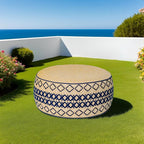 Outdoor Inflatable Ottoman with Air Pump, Embroidery Patio Footrest Stool D21”x H9”, Round Pouf Ottoman with Portable Handle Suitable for Garden, Camping, Bedroom, Living Room
