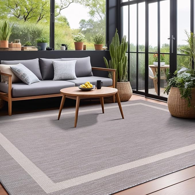 Bordered Outdoor Rug 9x12 Washable Outside Carpet for Indoor Patio Porch Waterproof Easy Cleaning Non Shedding Area Rugs Gray 9 x 12