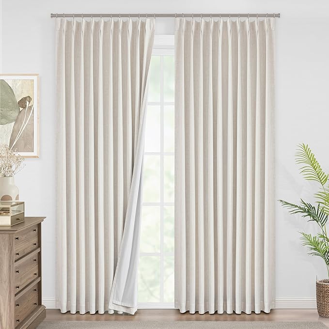 Vision Home Natural Pinch Pleated Full Blackout Curtains Linen Blended Room Darkening Window Curtains 102 inch for Living Room Bedroom Thermal Insulated Pinch Pleat Drapes with Hooks 60" Wx102 Lx1