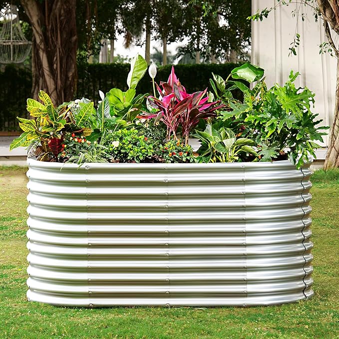 Land Guard 8x4x3ft Oval Galvanized Raised Garden Beds, Large-Capacity Metal Planter Box Outdoor, Durable Deep Raised Garden Bed 3ft Tall, Raised Beds for Gardening Vegetables, Classic Silver