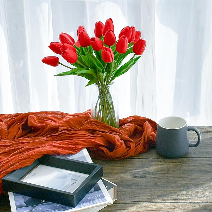 Mandy's Artificial Tulips 20 Stems Red PU Faux Flowers for Wedding Home Decor 13.5 Inch