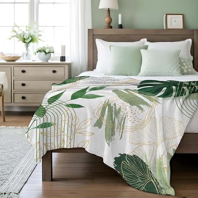 Sage Green Leaf Throw Blanket Mid-Century Green and Gold Boho Flannel Blankets for Couch Bed Living Room Sofa, Decorative Patterned Super Soft Cozy, 50x60 in