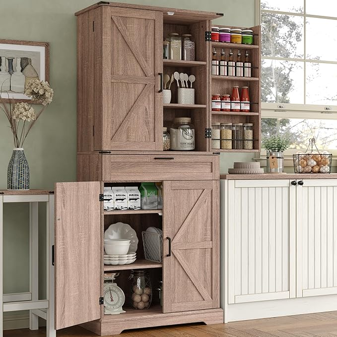 72'' Kitchen Storage Pantry Cabinet, Tall Storage Cabinet with 8 Door Shelves, 2 Cabinets and 1 Drawer, Freestanding Cupboard for Kitchen, Dining Room, Bathroom, Laundry, Living Room, Espresso