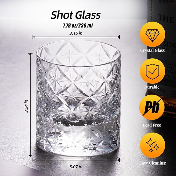 KAMMAK Crystal Whiskey Glasses Set of 2, Hand Blown 7.78oz Old Fashioned Glasses Stemless, Luxury Handcrafted Cocktail Glasses, Scotch Cup for Women, Men Gift for Rocks, Bourbon Barware, Bar