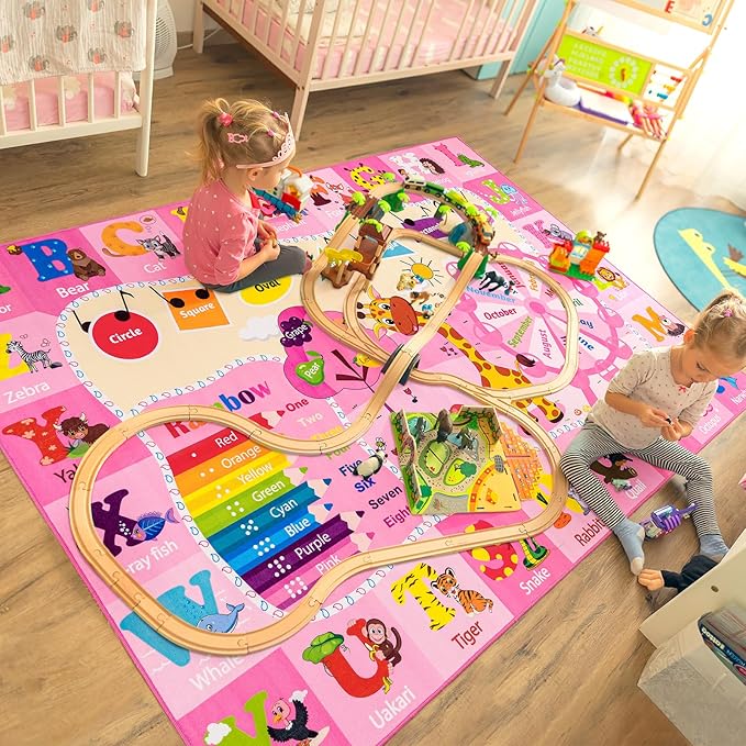 Kids Rugs for Playroom Bedroom Classroom Nursery, Non-Slip and Washable Rugs for Children Toddlers Girls, Educational and Fun Rug Carpets with ABC Alphabet Animals Shapes, 5x7, Pink