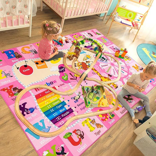 Kids Rugs for Playroom Bedroom Classroom Nursery, Non-Slip and Washable Rugs for Children Toddlers Girls, Educational and Fun Rug Carpets with ABC Alphabet Animals Shapes, 3x5, Pink