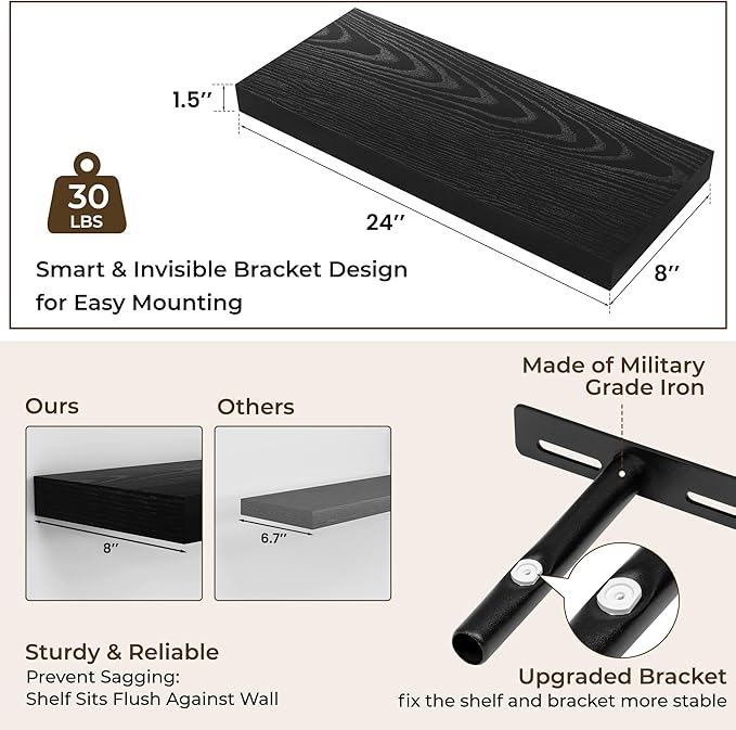 RICHFOCUS 24Inch Floating Shelves for Wall 2 Pack Shelves for Bedroom|Kitchen|Bathroom Wall Mounted Rustic Wood Floating Shelf with Invisible Brackets for Books|Storage|Decor, Black