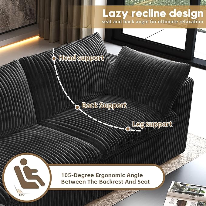 78.74" LoveSeat Cloud Sofa,Modular Sectional Couch,Modern Deep Seat Upholstered Couches with Plush Corduroy Fabric for Living Room Furniture,Bedroom and Apartment,No Assembly Required,Black