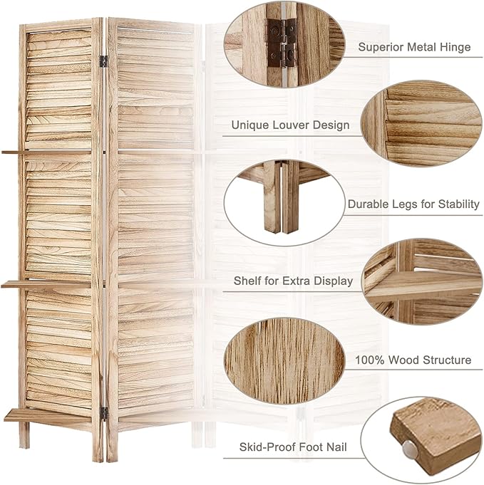 Room Divider with Shelves, Privacy Screen, Room Dividers and Folding Privacy Screens, 6 Panel Wood Temporary Wall Partition Separation Separator, Natural