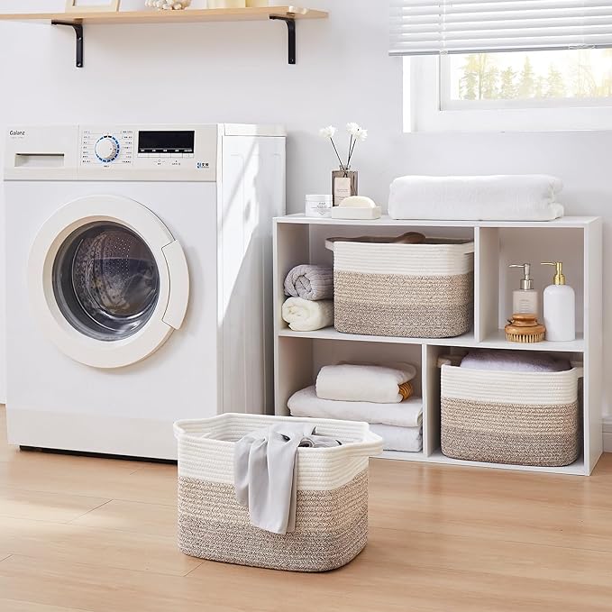 OIAHOMY Woven Storage Basket, Cotton Rope Baskets for Toys,Towel, Clothes, Used to Bathroom,Living Room,Nursery,Bedroom, 16"x12"x10"- Pack of 3, Gradient Yellow