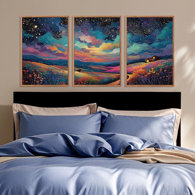 KAIRNE Framed Abstract Midnight Canvas Wall Art,Starry Night Prints Set of 3(16”X24”),Colorful Wildflowers Wall Decor,Nature Night Scene Paintings for Living Room Bedroom office Farmhouse Decoration