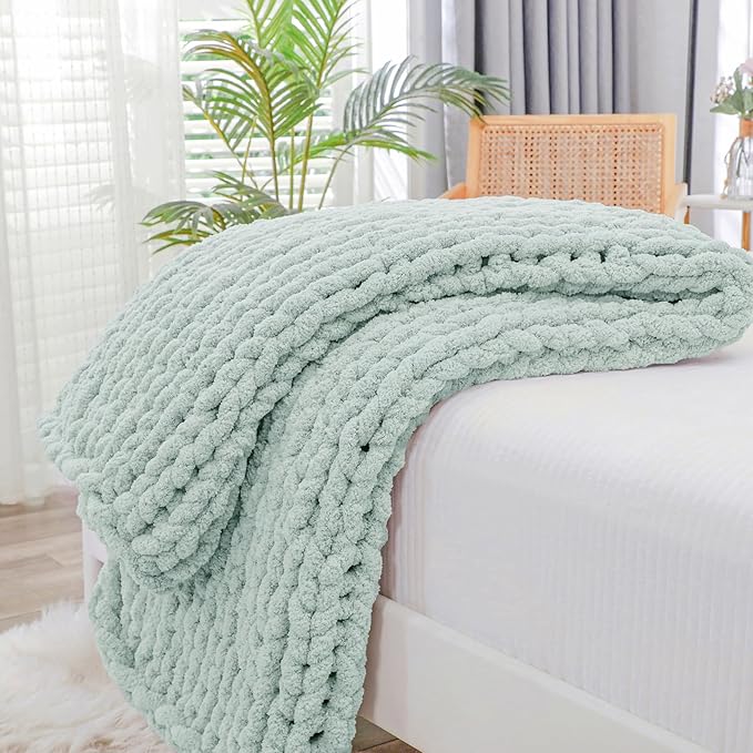Bigacogo Chunky Knit Throw Blanket for Couch, 40x40 inches, 100% Hand Knitted with Thick Jumbo Chenille Yarn, Cozy Soft Large Rope Knot Cable Crochet Blankets for Sofa Bed Living Room, Mint