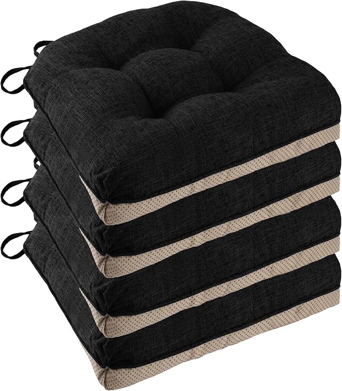 Non Slip Chair Cushions for Dining Chairs Set of 4 Kitchen Chair Cushions 18"x18"x3" Turfted Chair Pads Comfortable and Soft Seat Cushion with Ties, Black