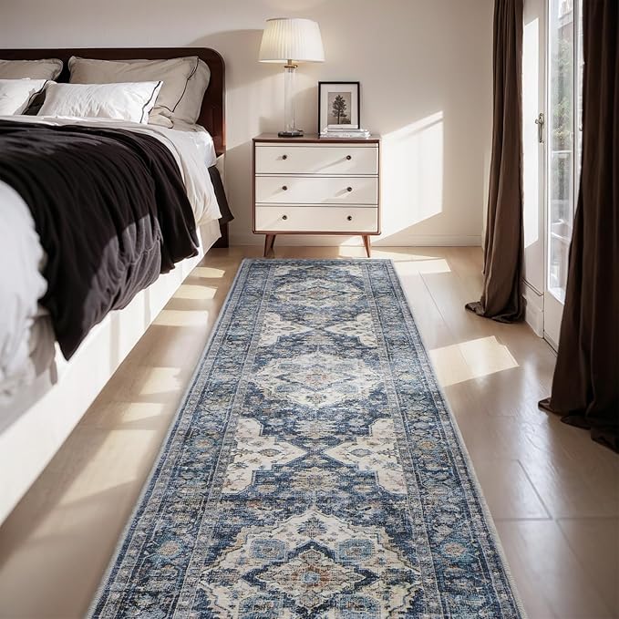AMOAMI-2X10 Runner Rug-Washable Runners for Hallways-Soft Non Slip Bedside Rugs for Bedroom-Vintage Long Rug for Hallways Entryway Laundry Room Stair Kitchen Bathroom Blue