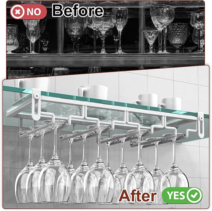 AUHOKY 2Pcs Adjustable Wine Glass Rack Under Cabinet, Punch-Free 4 Rows Stemware Wine Glass Metal Holder, Hanging Wine Glasses Storage Hanger Organizer for Shelf Kitchen Bar Decor(White, 4 Rows)
