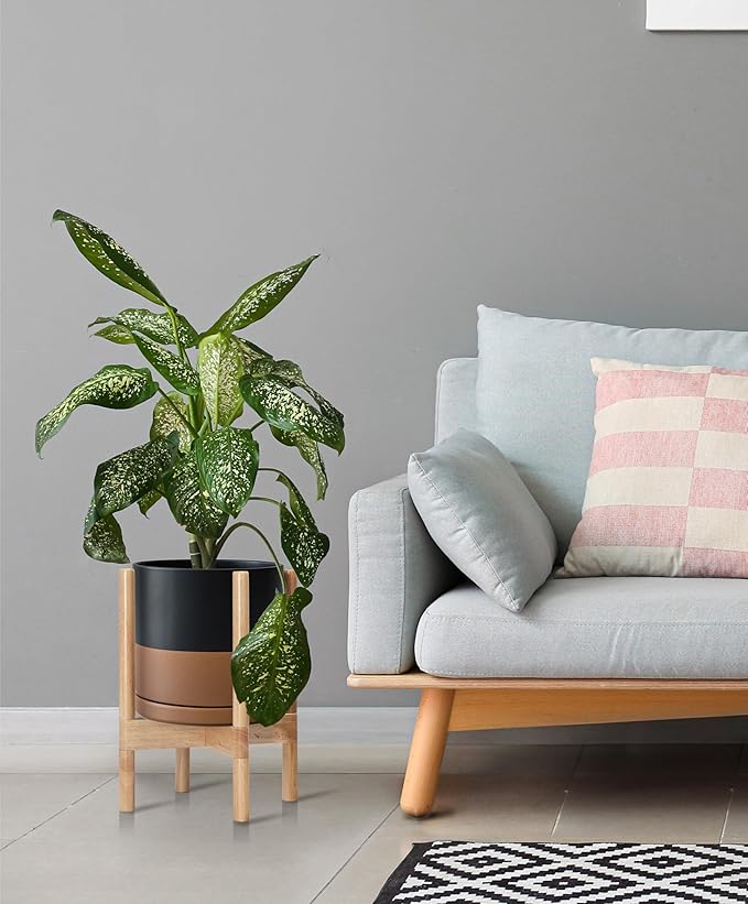 D'vine Dev Ceramic Planter with Natural Stand - 10 Inch Modern Round Flower Pot with Wood Planter Holder, Black/Speckled Tan, 55-B-K-7