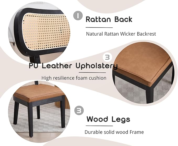 Mid Century Modern Rattan Dining Chairs Set of 2 - Black Wood & Leather