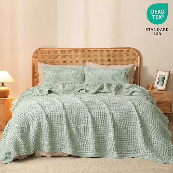 PHF 100% Cotton Waffle Weave Blanket Queen Size, Soft Lightweight Breathable Cozy Summer Blankets for Bed, Luxury Aesthetic Woven Bedding for Home Decor, 90"x90", Sage Green