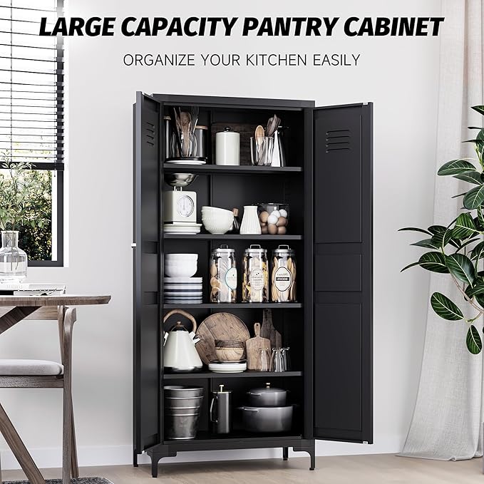 Metal Storage Cabinet with Doors and Shelves,Black Storage Cabinet with Leg,Metal Pantry Cabinets,Ventilated Pantry Closet,Tall Large Cupboard for Home,Kitchen,Dining/Living/Laundry Room