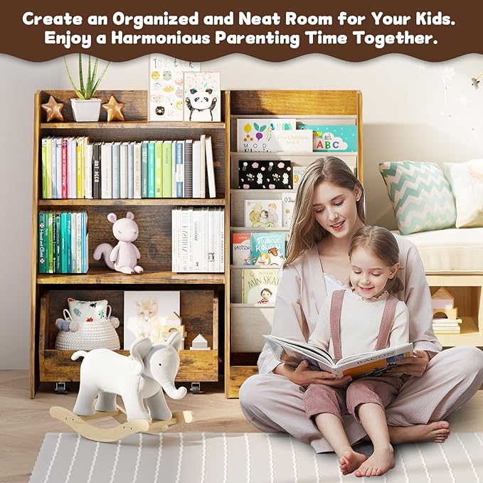 COZPAW Kids Bookshelf and Toy Storage, 4 Tier Toddler Bookshelf with Movable Drawer 5 Sling Pockets, Montessori Book Shelf for Kids Room, Playroom, Nursery (Brown)