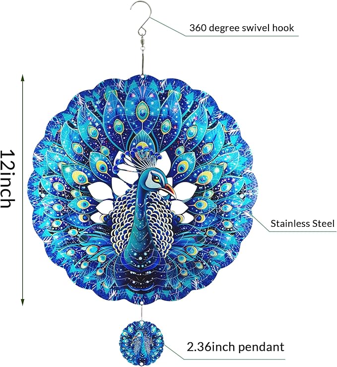 Peacock Gifts for Women, Peacock Wind Spinner Garden Decor, 12 inch 3D Hanging Wind Spinners Outdoor